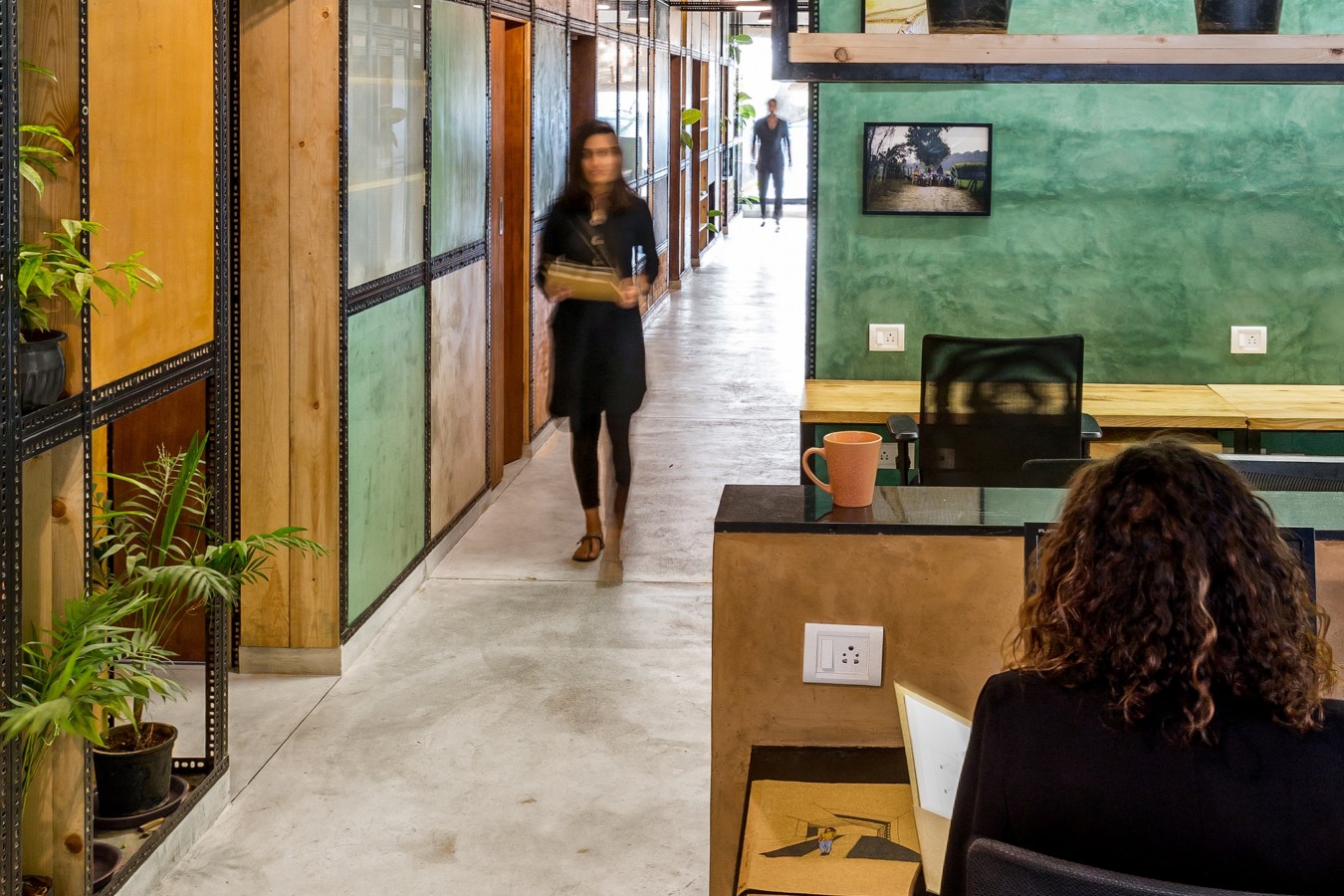 Natural plaster panels along the main corridor of the office