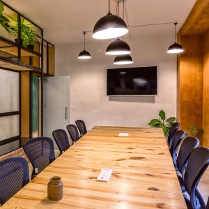 View of the Conference room with a backdrop of lunar white lime plaster and clay plaster